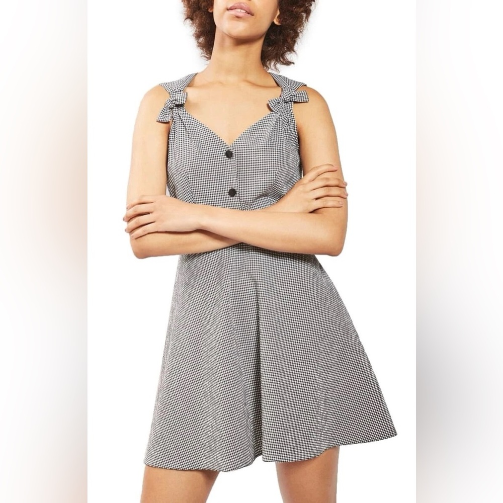 Black White Gingham Bow Strap Mini Sundress Size L